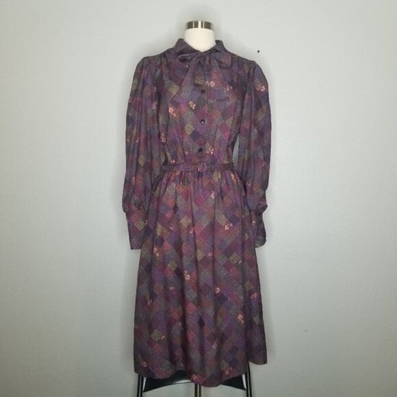 Vintage 70s Boho Cottagecore Patchwork Quilt Belted Prairie Dress Lg - Picture 1 of 10